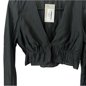 Black Ruffle V-Neck Long Sleeve Idem Ditto Crop Top